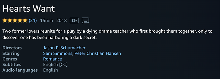 Hearts Want rating - 5 stars on Amazon Prime